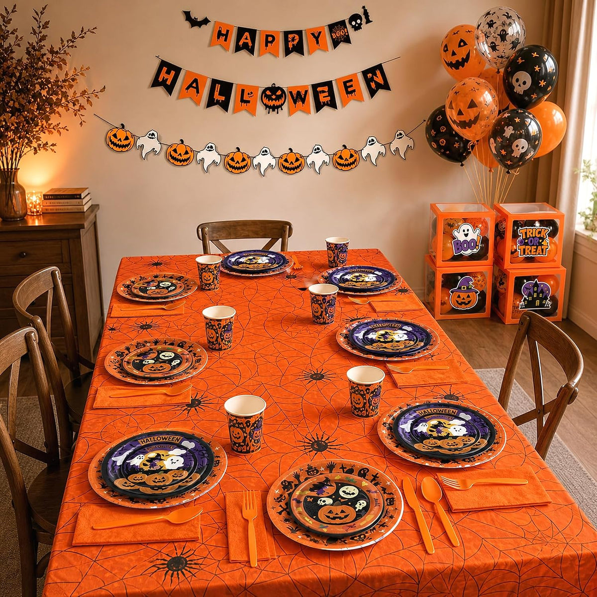 UJoyant 323PCS Halloween Party Decorations Set for 25 Guests, Orange Purple Tableware, 4 Balloon Boxes with 12 Custom-Designed Halloween Panels, Backdrop, Balloons and Photo Booth Props
