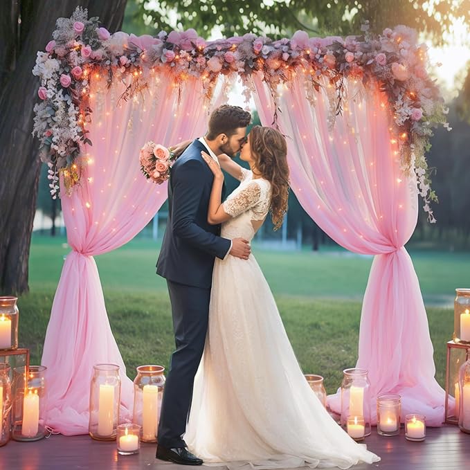 20×10ft Pink Tulle Backdrop Curtain with Lights String for Parties, Sheer Photo Backdrop Curtains for Wedding Party Photography Background