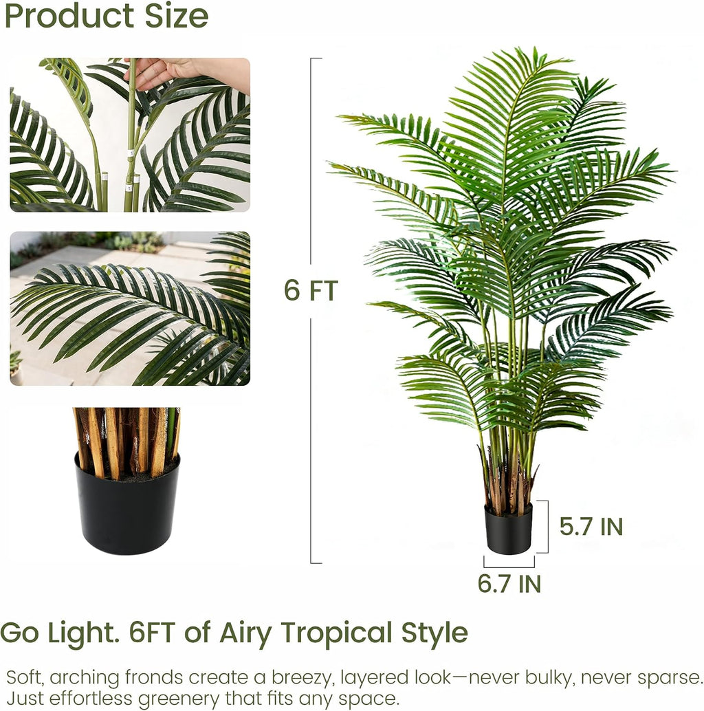 6ft 2-Pack Artificial Areca Palm Plant in Pot, Fake Tropical Cane Palm Silk