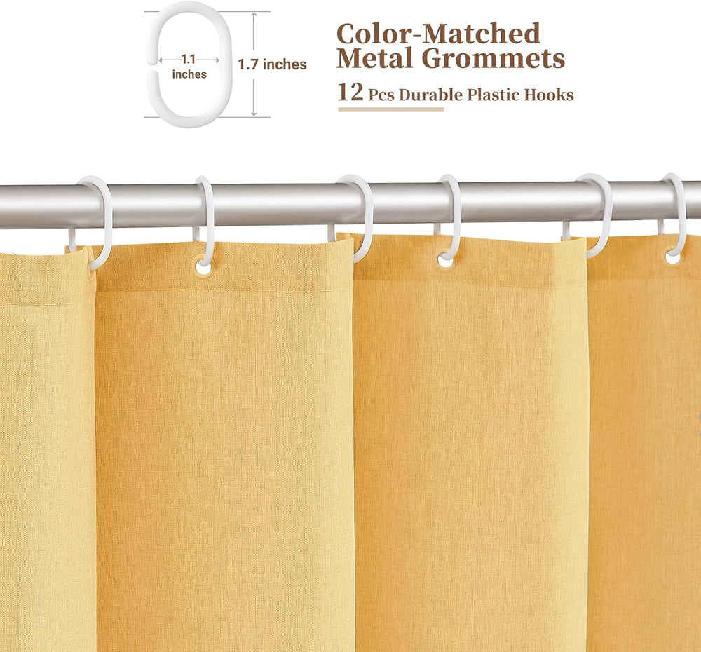 Boho Scalloped Linen Textured Cloth Shower Curtain Set, Gold, 72x90