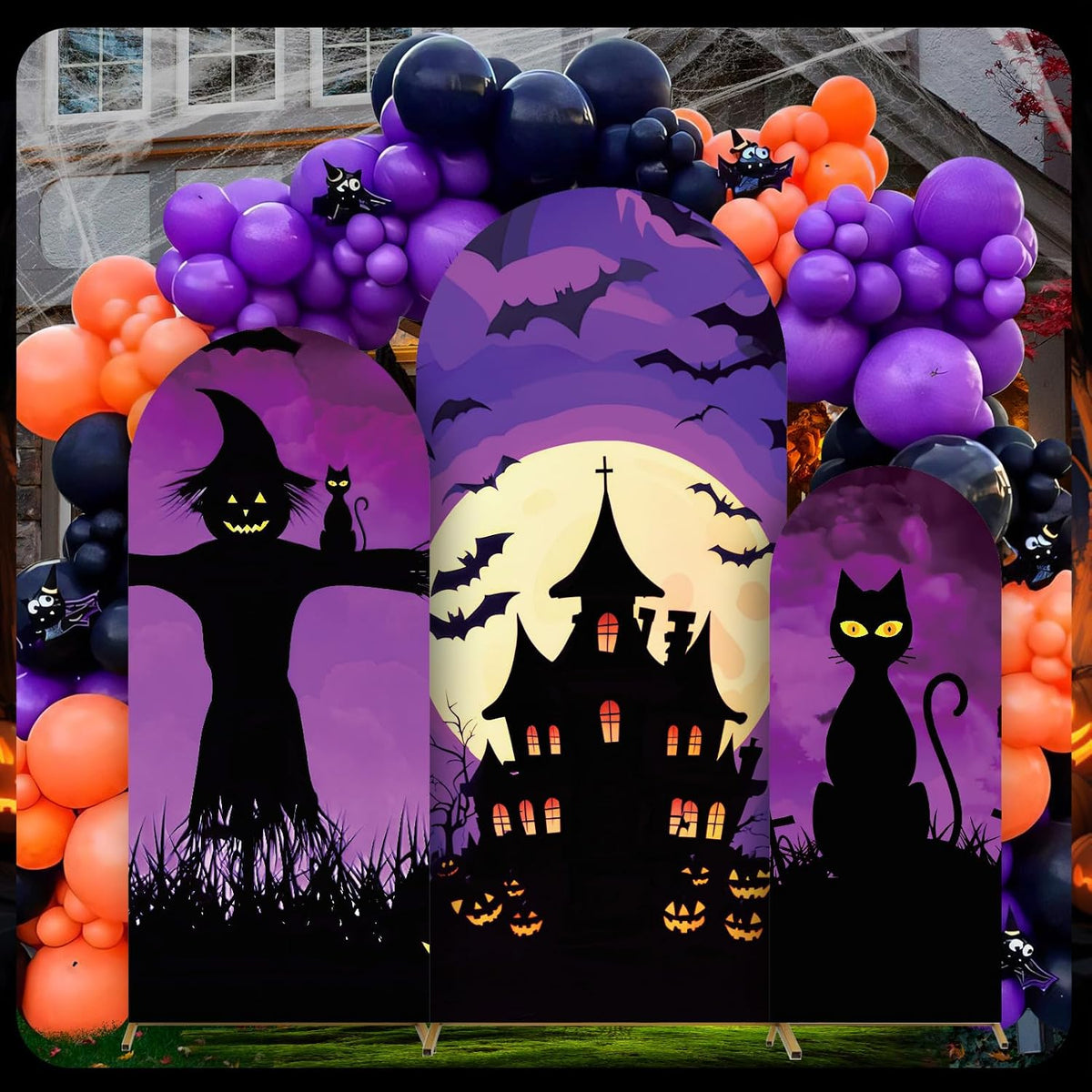 3 Pcs Halloween Arch Cover 4ft, 5ft, 6ft Arch Covers Stretchy Backdrop Skeleton Ghost Bat Horror Style Backdrop Cover for Halloween Party Photo Background Arch Stand Stretchy Decoration