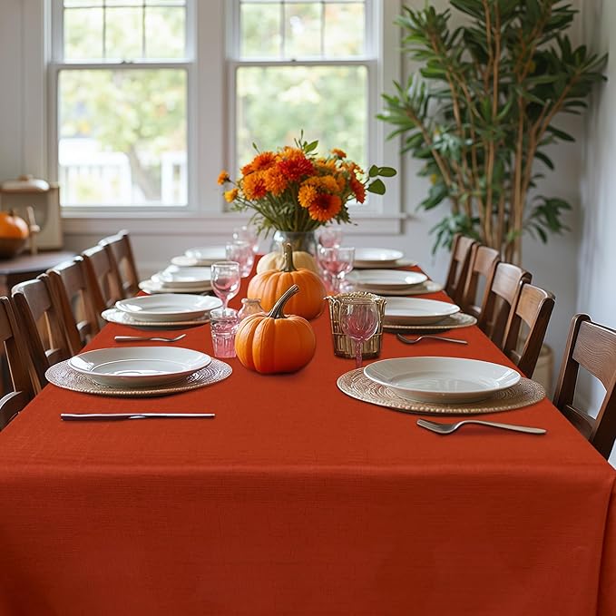 Fitable Faux Linen Rectangle Tablecloths 60 x 120 Inch - 2 Pack Rust Table Cloth for 6-8 Foot Tables, Faux Burlap Kitchen Table Cover for Thanksgiving Autumn Dining Party Farmhouse Banquet Buffet
