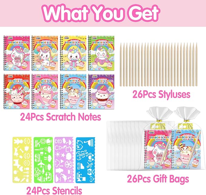 ZMLM Rainbow Scratch Party Favors Kids: Birthday Gifts Toy Bulk Scratch Art Notebook 24 Pack Birthday Goodie Bags Stuffers Girls Boys Art Craft Pad Classroom Prizes School Teacher Supplies (Unicorn)