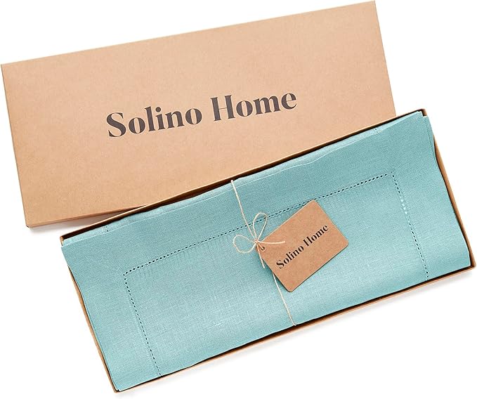 Solino Home Linen Aqua Blue Table Runner 108 Inches Long - 100% Pure Linen Hemstitch 14 x 108 Inch Table Runner for Dining - Classic Hemstitch