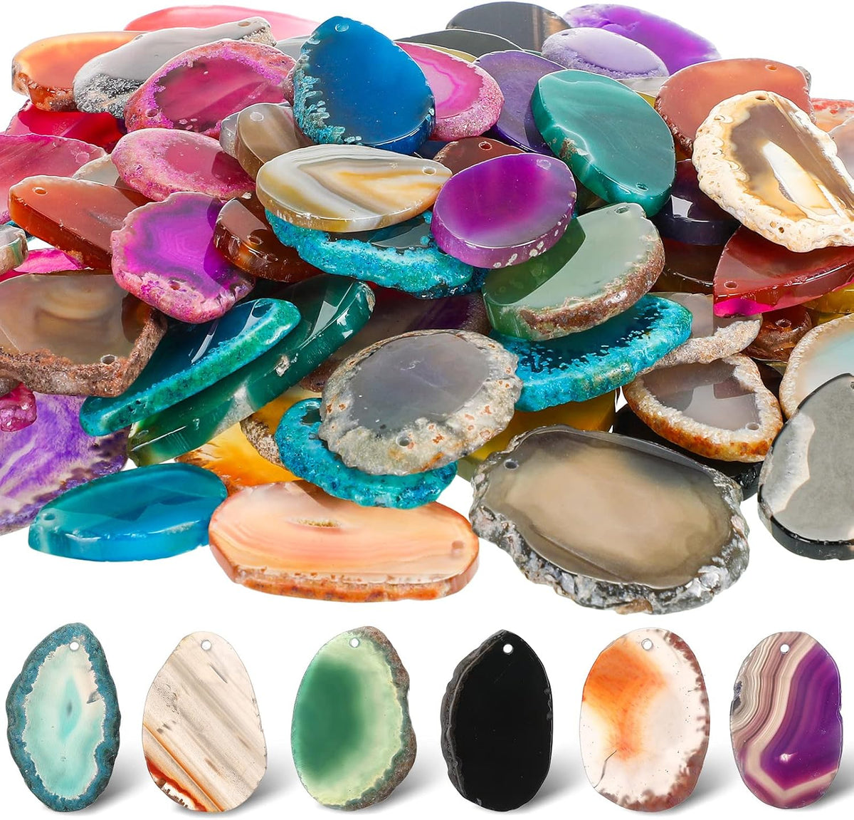 Nuenen 50 Pcs Polished Agate Slices Bulk Drilled Hole Geode Stones, Medium