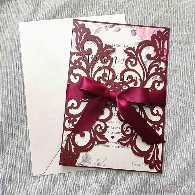 25PCS Laser Cut Burgundy Wedding Invitations Cards with Envelopes,Blank Inner Sheets,Ribbons for Wedding Bridal Shower Quinceañera Engagement Birthday Invites, (B001)