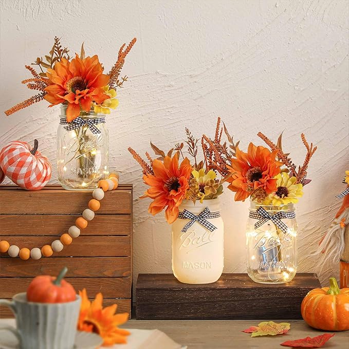 Thanksgiving Mason Jar Centerpiece for Table with LED Lights & Artificial Flowers, Set of 3 Mason Jars Farmhouse Painted Decorative Jars for Fall Home Decor, Kitchen Table Centerpiece