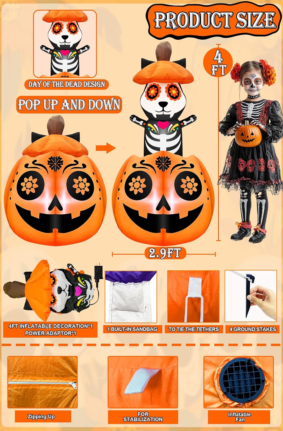 5 ft day of the dead inflatable animated shown in use