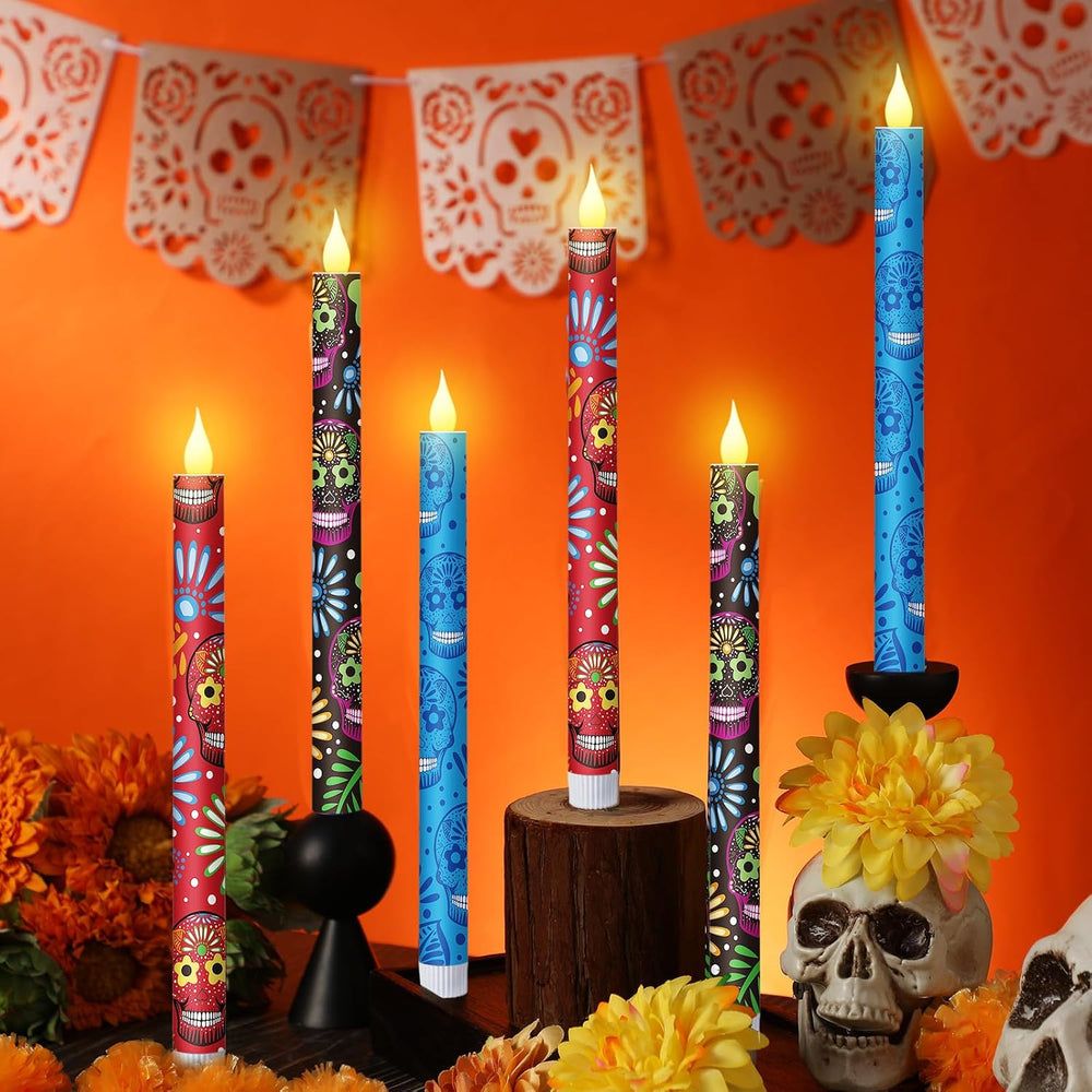 Honoson 6 Pcs Dia De Los Muertos Flameless Taper Candles, Battery Operated