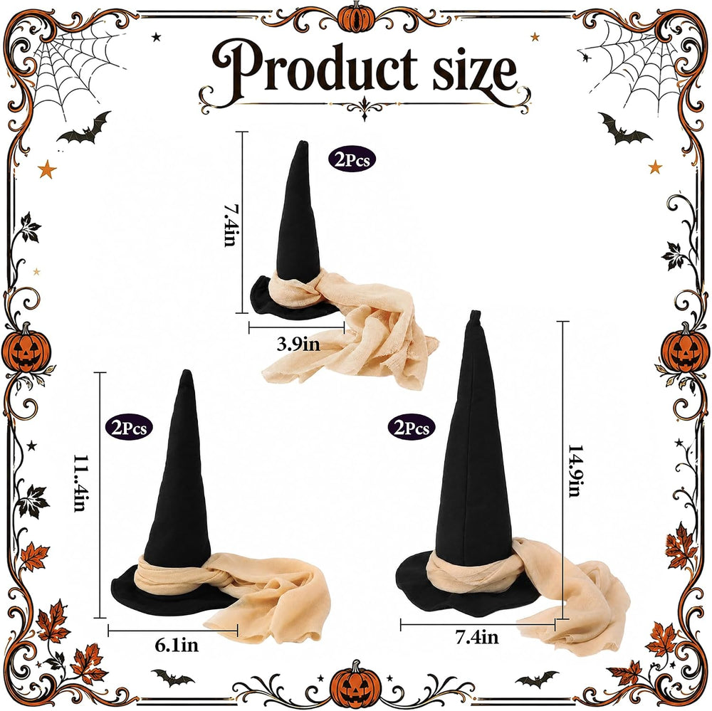 6 Pcs 3 Size Halloween Witch Hat Table Centerpieces with Gauze Ribbon