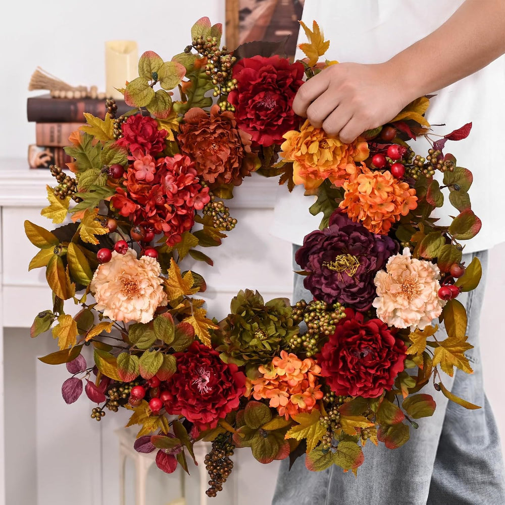 2 Pcs Fall Wreaths for Front Door, 24 Inch Fall Door Wreath with Hydrangea