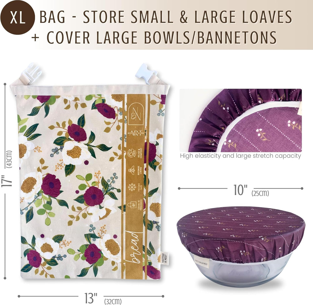 Beeswax Bread Bags for Sourdough & Bowl Cover Baker Set