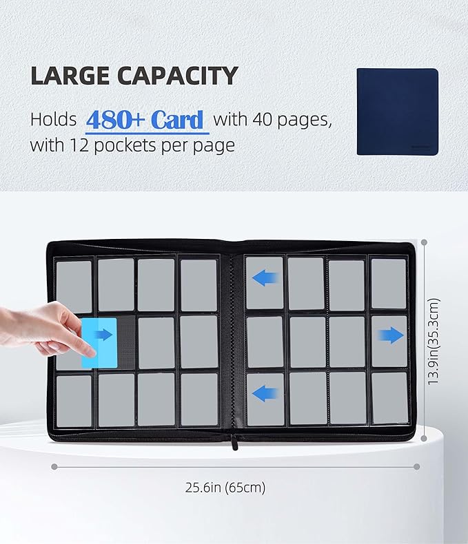 12 Pockets Premium Card Binder 480 Cards Trading Card Binders Side Load Card Storage Display Album(12 Pocket 480 Card Slot,Blue)