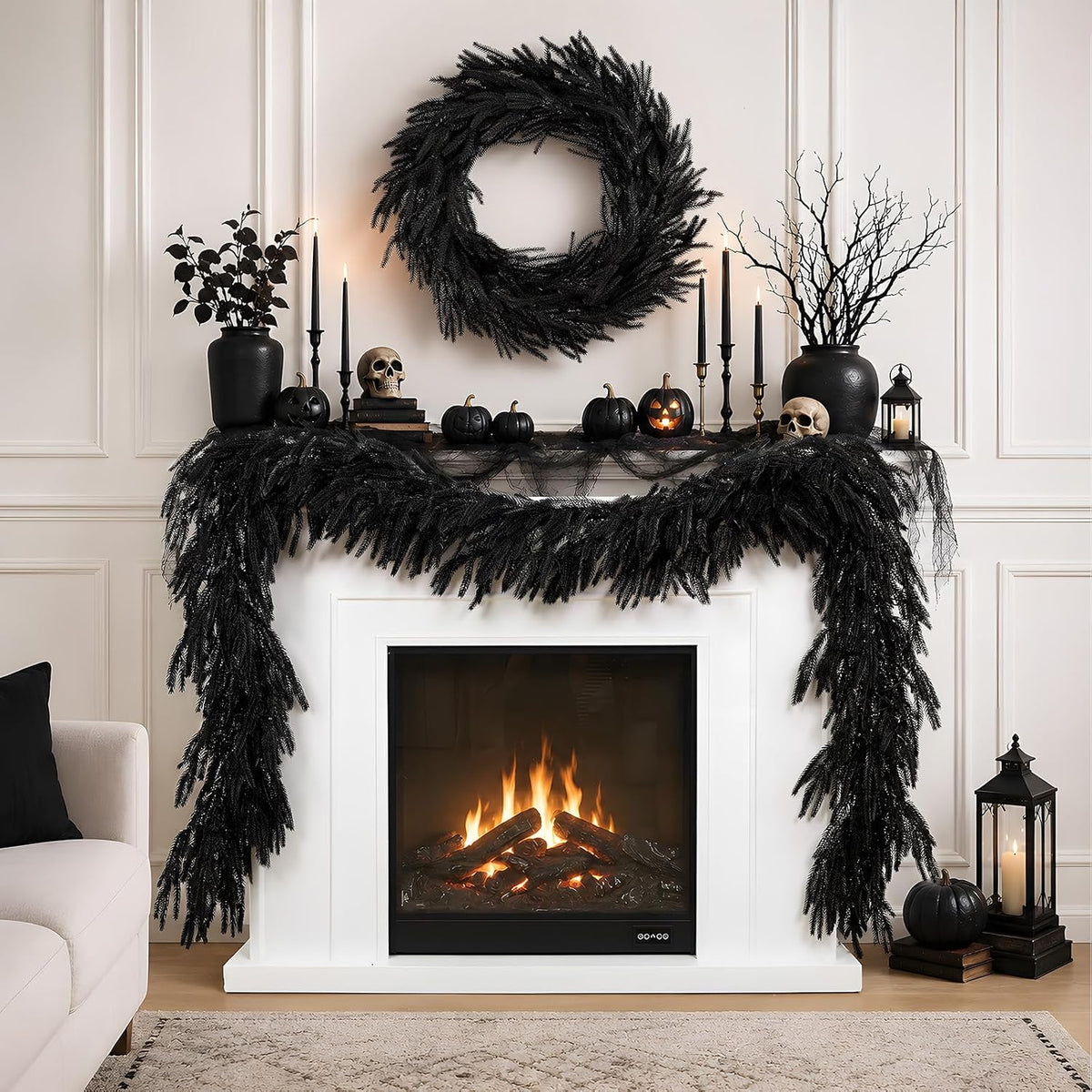 N&T NIETING 9FT Black Garland Artificial Norfolk Pine Garland Real Touch Halloween Garlands Faux Garland for Table Mantle Holiday Fireplace Indoor Outdoor Christmas Gothic Stairs Decorations