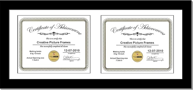 Creative Picture Frames 10X24Bk-W Black Horizontal Double Diploma Frame With 2 Opening White Matting | Holds 2-8X10-Inch Documents With Installed Wall Hanger