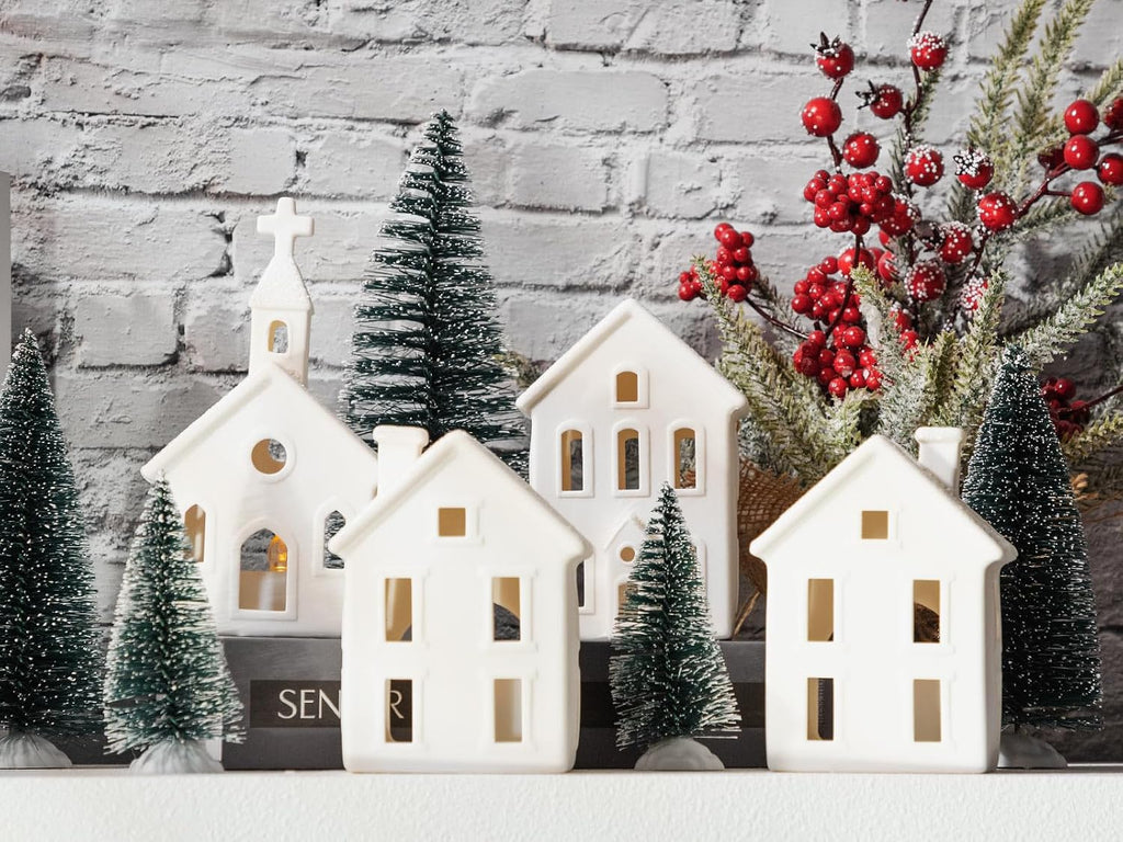 9-piece lighted christmas village set, 4 ceramic houses shown in use