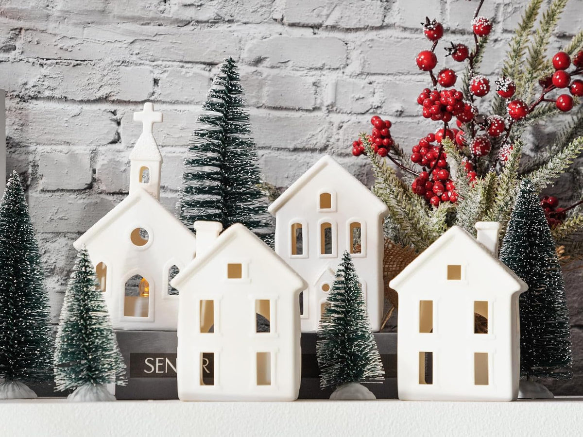 9-piece lighted christmas village set, 4 ceramic houses shown in use