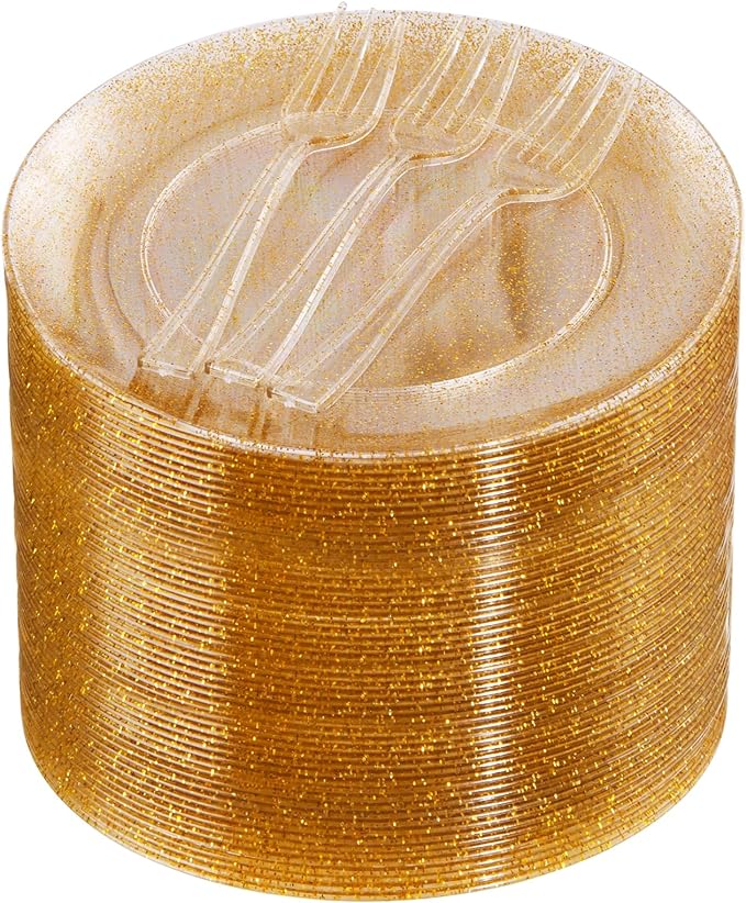 Festiva 200Pcs Gold Glitter Dessert Plates 6.3" with Forks 5"-Small Plastic Dessert/Cake/Appetizer Plates Disposable for 100 Guests Thanksgiving Party &Wedding& Birthday& Christmas