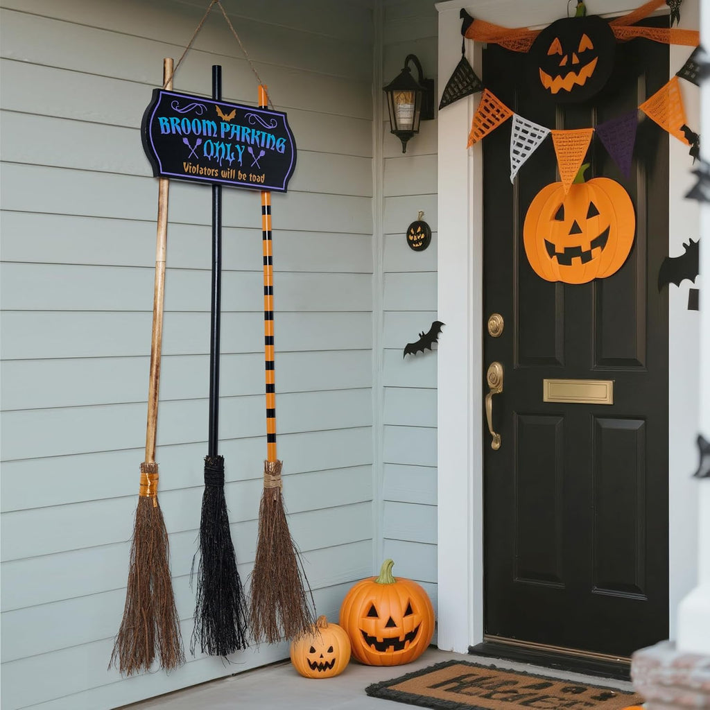 JOYIN Halloween Broom Parking Sign with 3pcs Wooden Witches Brooms, Halloween Decorations Outdoor, Wooden Warning Sign for Front Porch Wall Decor Home Office Indoor