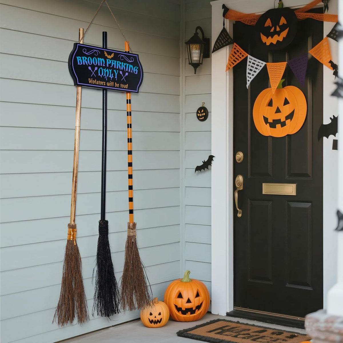 JOYIN Halloween Broom Parking Sign with 3pcs Wooden Witches Brooms, Halloween Decorations Outdoor, Wooden Warning Sign for Front Porch Wall Decor Home Office Indoor