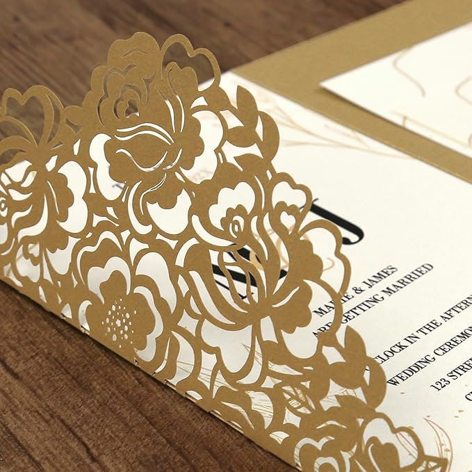 DORIS HOME 50pcs Laser Cut Wedding Invitation Pockets with Envelopes Gold, 5.12" x 7.12"Invitation Cards for Wedding, Anniversary (No Inserts Included)