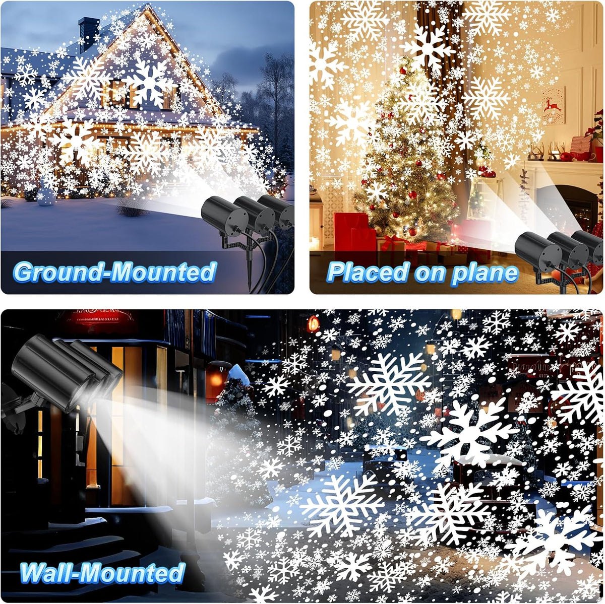 Christmas Projector Lights Outdoor, 2025 Upgraded Triple Head Snowflake Projector High Brightness, Led Dynamic Rotating Snowfall Projection IP65 Waterproof with 16.4ft Cord for Yard Houses Party Decor