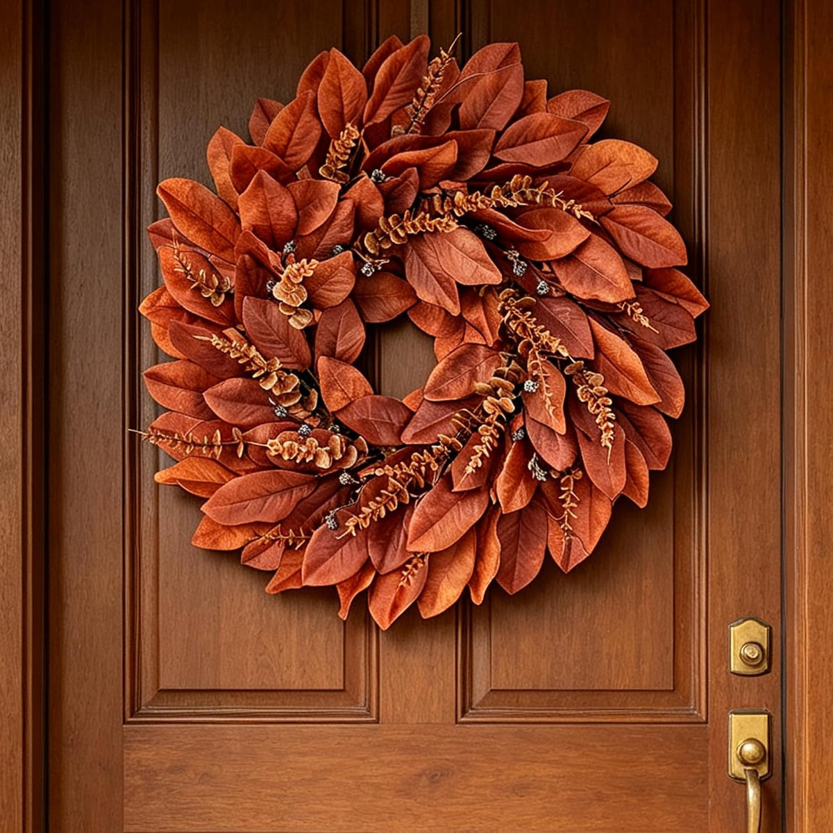 Large Artificial Magnolia Leaves Fall Wreath for Front Door Outside Decor