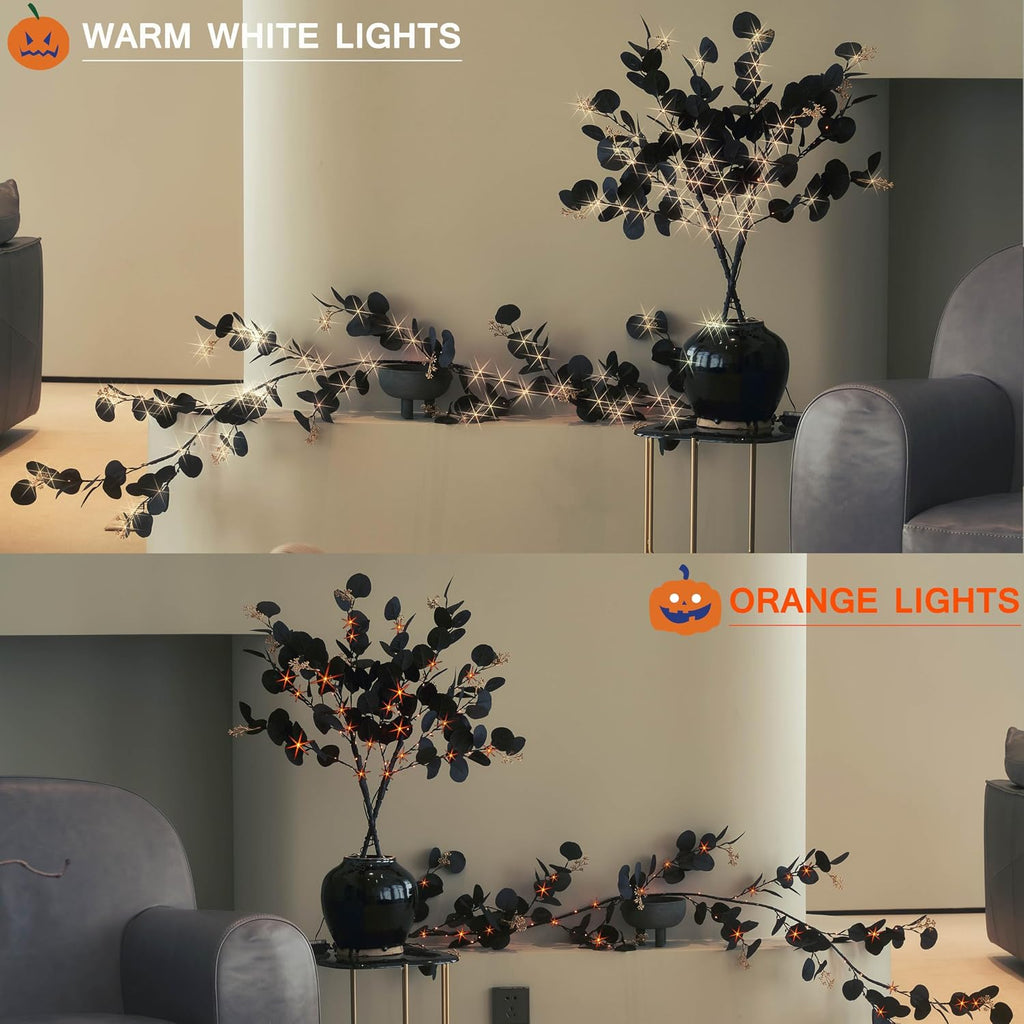 Hairui Lighted Black Eucalyptus Garland with Timer 96 LED Orange and Warm White Fairy Lights,Halloween Garland with Lights 6FT Battery Operated with 10 Functions for Fireplace Halloween Decoration