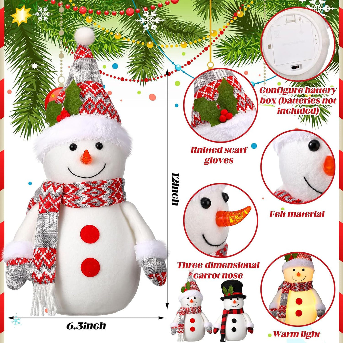 yalikop set of 2 christmas lighted snowman 12, close-up detail