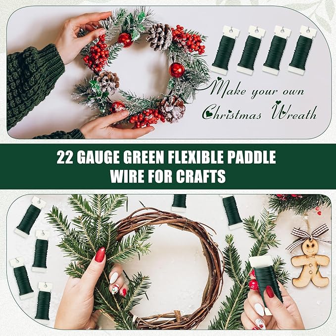 Ferraycle 72 Pack Green Floral Wire 38 Yards 22 Gauge Flexible Paddle Florist Christmas Green Wire for Crafts Christmas Wreaths Tree Garland and Floral Flower Arrangements