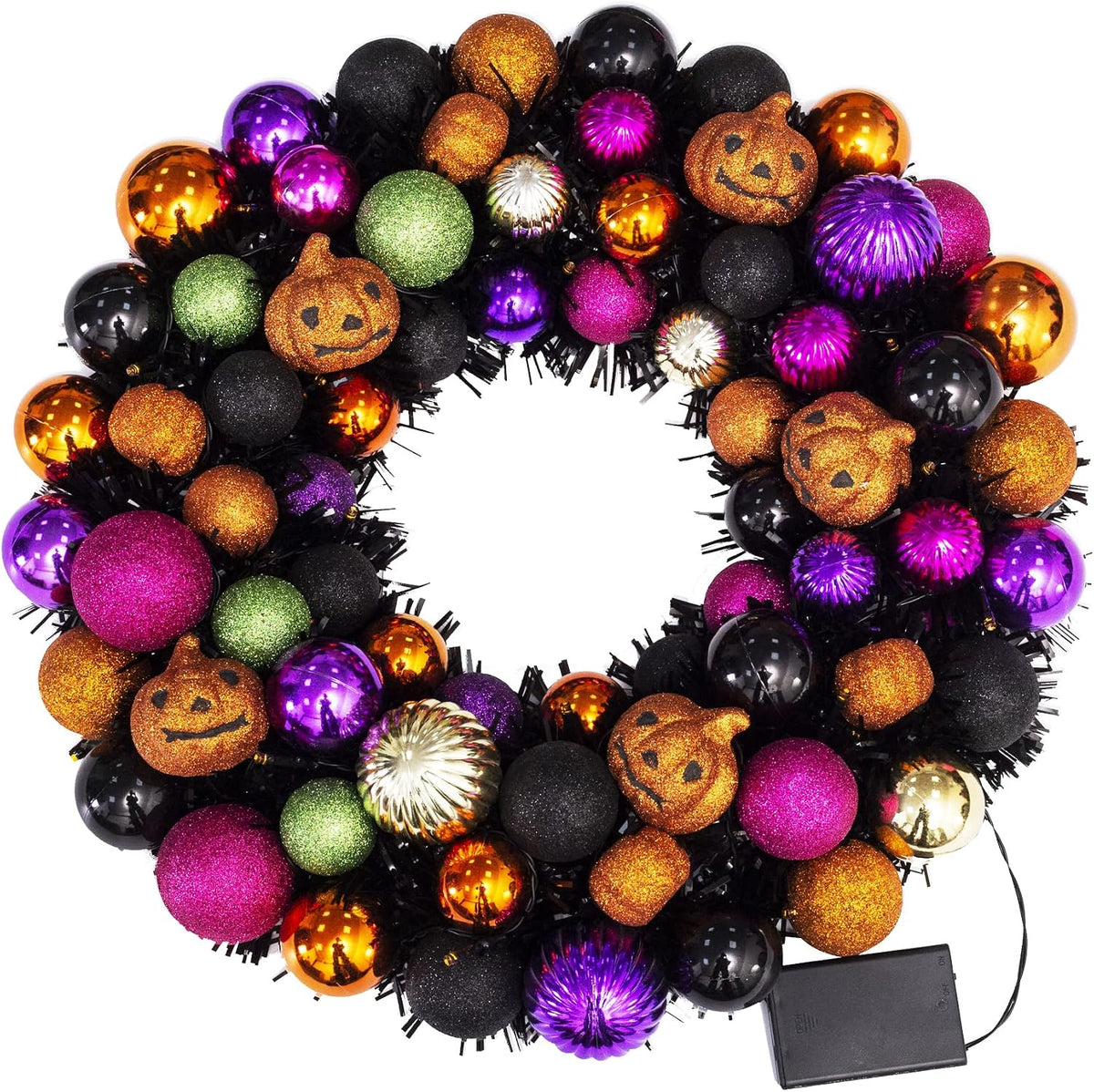 18 Inch Halloween Ball Wreath with Lights and Pumpkin Ornaments