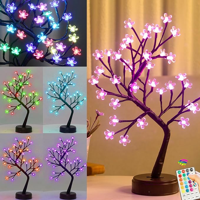 Pooqla RGB Cherry Blossom Tree Light with Remote 28 Colors LED Artificial Flower Bonsai Tree, RGB Table Top Lamp Home Lit Tree Valentine's Day Christmas Decoration 36 LED, Brown Branch