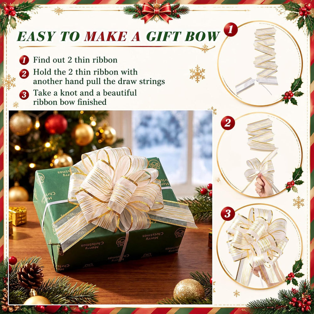 48 Pcs 6 Inch Xmas Pull Bows for Gift Wrapping, White,Gold
