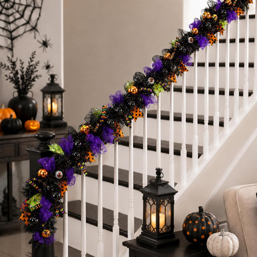 WinnerWhy Halloween Garland for Mantle with Mixed Ball Mesh Ribbon 6ft