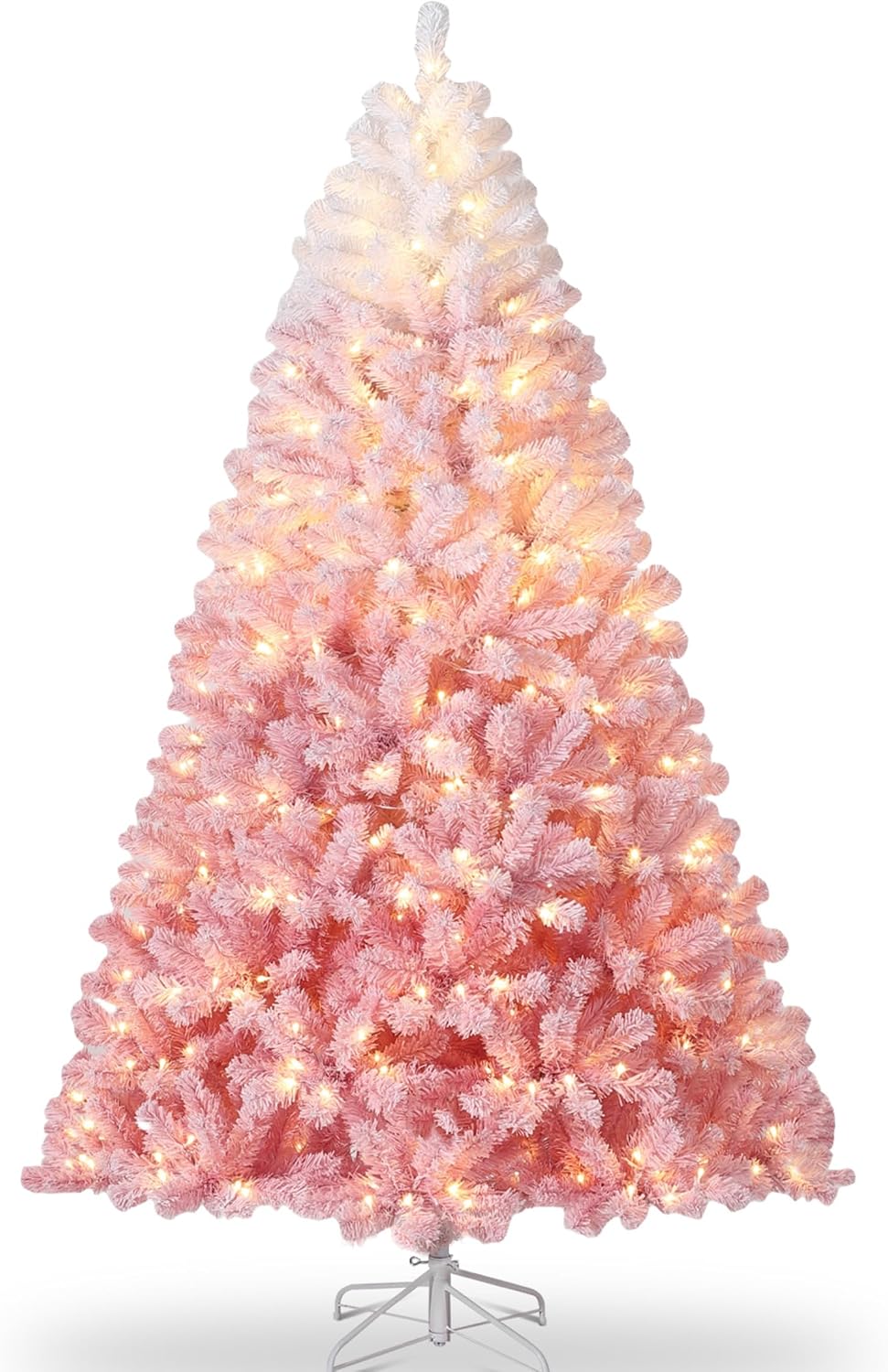 Garvee 6 ft Pre-lit Artificial Christmas Tree with 250 Warm White LED Lights, Snow Flocked Christmas Tree with 750 Branch Tips & Metal Stand, Indoor Outdoor Xmas Decoration, Pink Gradient