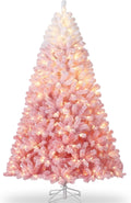 Garvee 6 ft Pre-lit Artificial Christmas Tree with 250 Warm White LED Lights, Snow Flocked Christmas Tree with 750 Branch Tips & Metal Stand, Indoor Outdoor Xmas Decoration, Pink Gradient