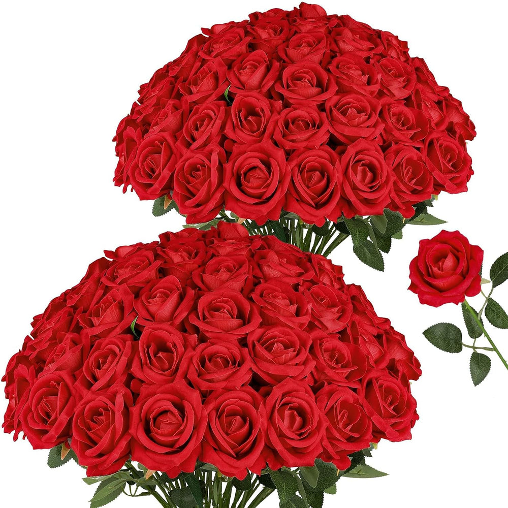 AmyHomie 48 PCS Red Roses, Velvet Realistic Fake Flowers w/Stems