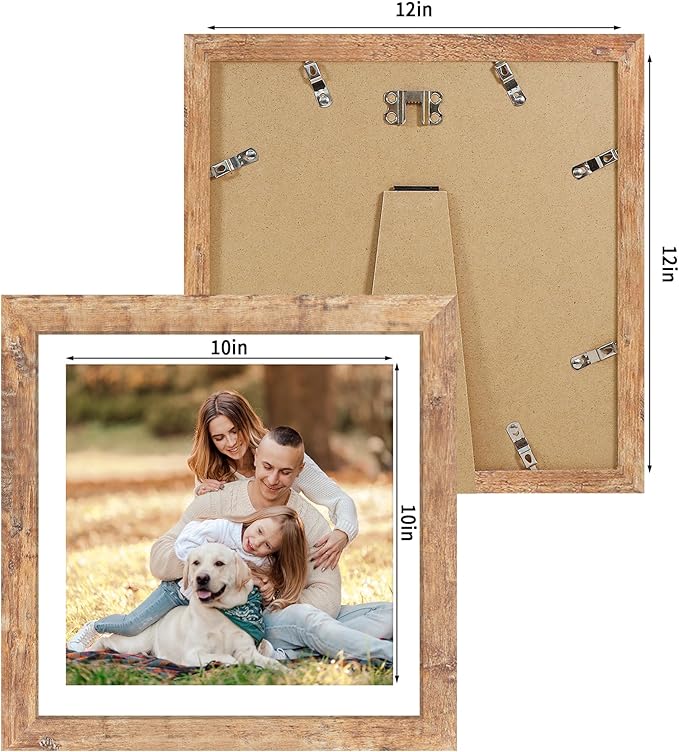12x12 Picture Frame Set of 4 with Tempered Glass, Rustic Brown Frame Display 10x10 Pictures with Mat or 12 x 12 Without Mat, Wood Square Photo Frames for Desktop Display and Wall Mounting