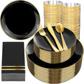 NOCCUR 350PCS Black and Gold Plastic Plates - Black Disposable Dinnerware Set for 50 Guests, 100 Dinner/Dessert Plates, 150 Gold Silverware, 50 Cups&50 Napkins for Party/Birthday/Halloween/NewYear