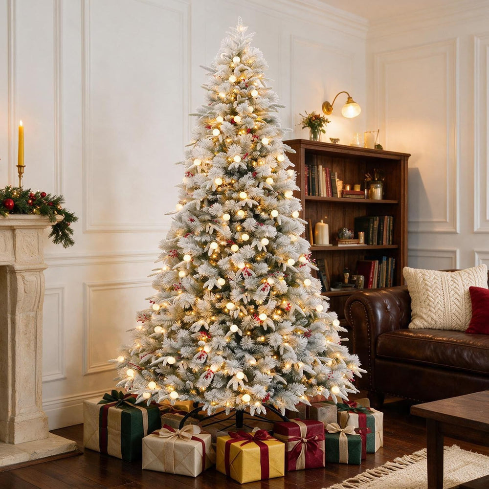Hykolity 7.5 ft Prelit Flocked Christmas Tree, 450 Multicolor LED Lights, Art...