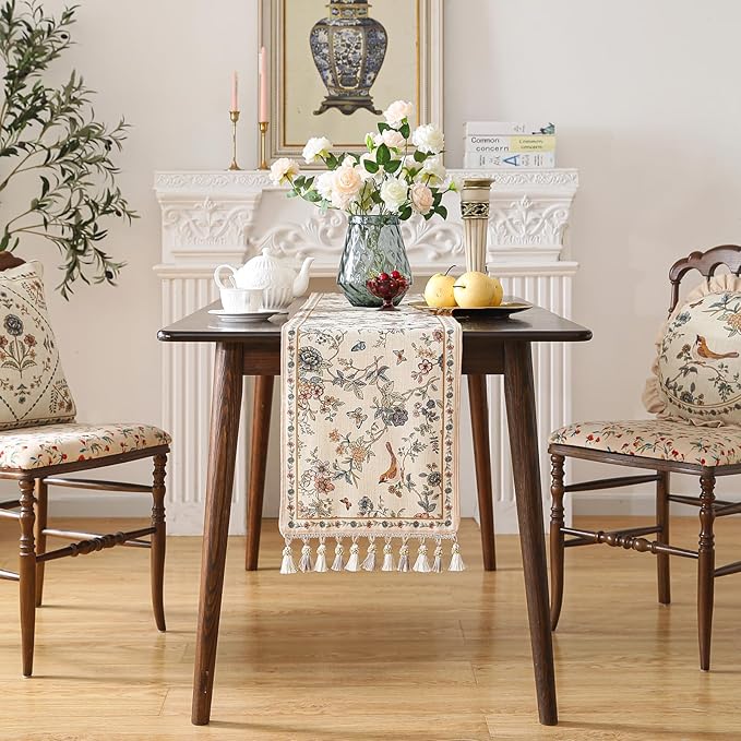 ISAENNE Designer Linen Table Runner 118 Inches Extra Long,Elegant Floral Bird Pattern Table Runners for Dining Room,Farmhouse Rustic Kitchen Decor,Thanksgiving,Christmas,12"*118"-Cornucopia