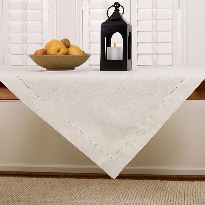 Solino Home Light Natural Linen Tablecloth 52 x 52 Inch - 100% Pure Linen Square Table Throw - Classic Hemstitch, Machine Washable Table Cloth for Fall, Autumn, Thanksgiving, Christmas, Holiday