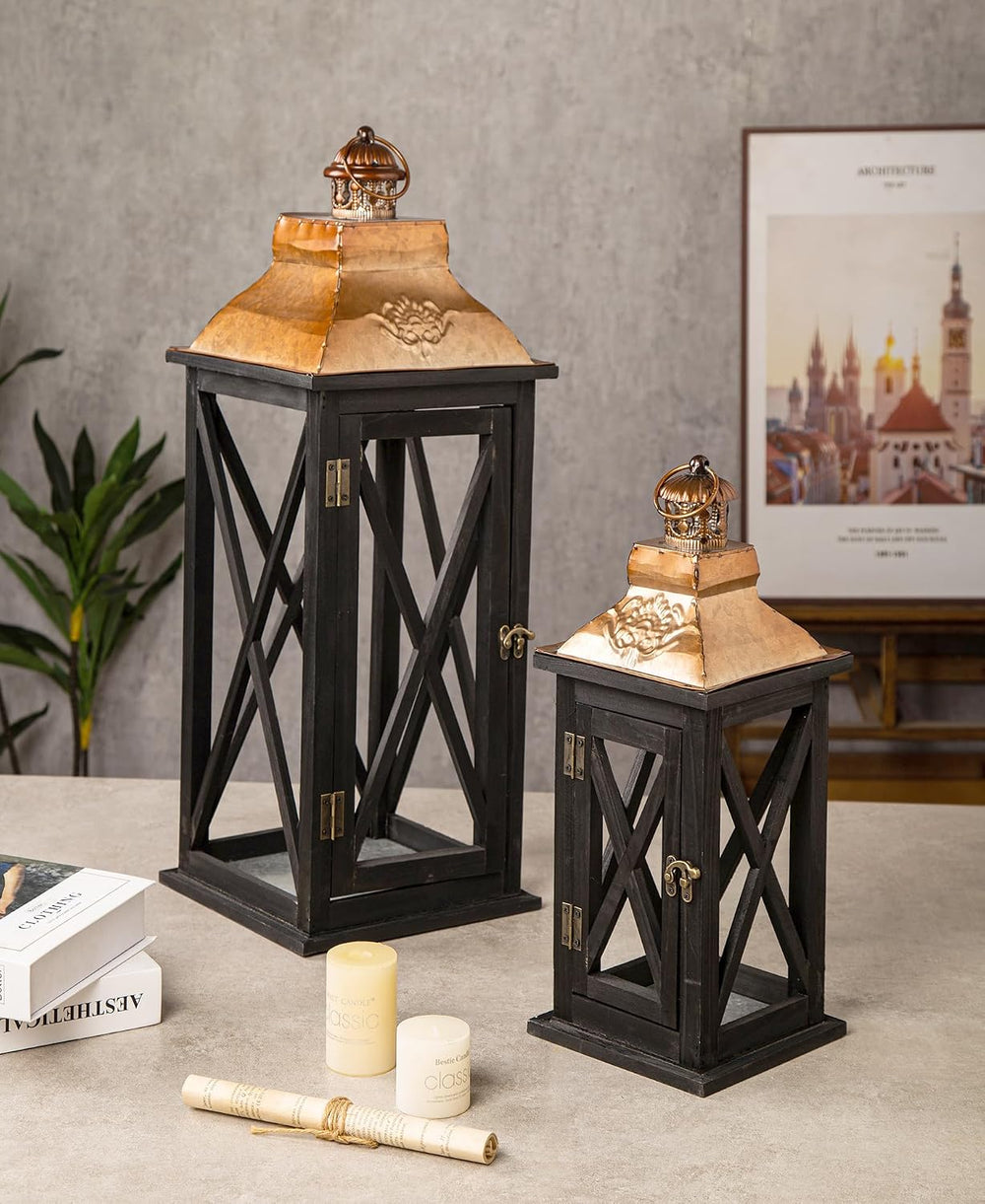 Large Farmhouse Wooden Lanterns with Metal Top, Decorative Floor Lanterns Set...