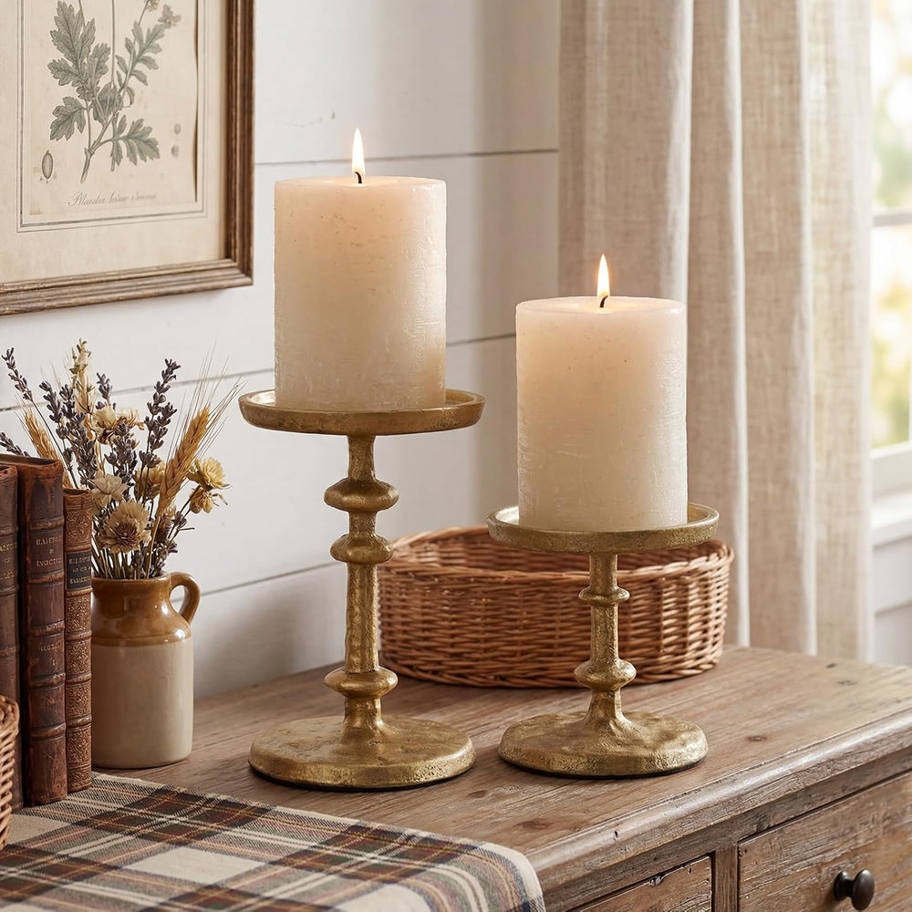Gold Cast Iron Pillar Candle Holders Set of 2 Farmhouse Candlesticks