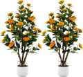 2 Pack Artificial Camellia Tree with White Pot, 38" Faux Potted Plants for Indoor Outdoor Decor, Tall Silk Greenery Plant for Home Offce Living Room Balcony,White, Orange