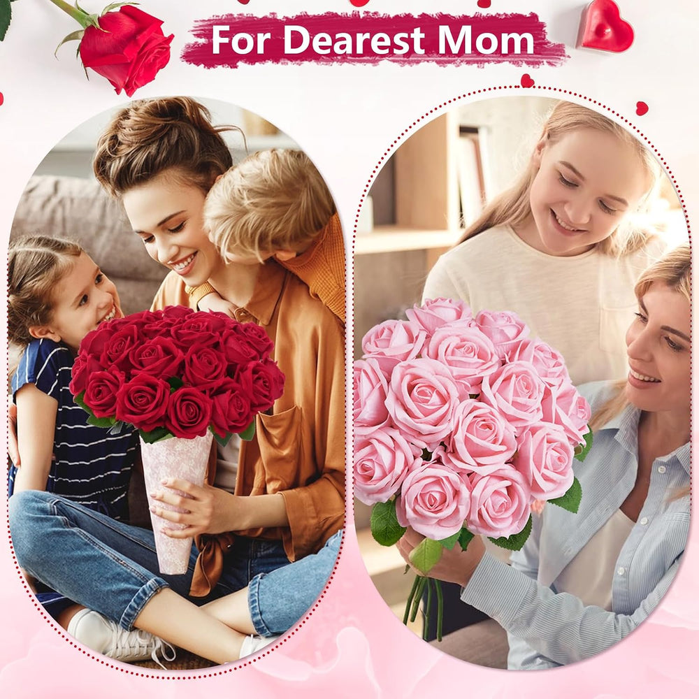 50Pcs Red Roses Artificial Flowers, Real Touch Velvet Fake Roses Bouquet