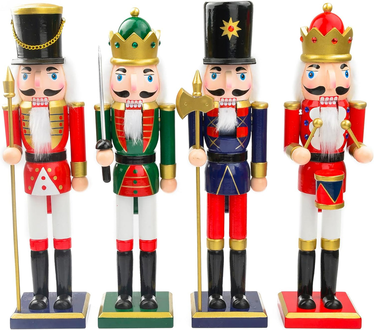 4PCS 15 Inch Nutcrackers Christmas Decorations, Wooden Hand-Painted Nutcracker Figures Festive Collectible Gift for Winter Table Desktop Fireplace Decorations