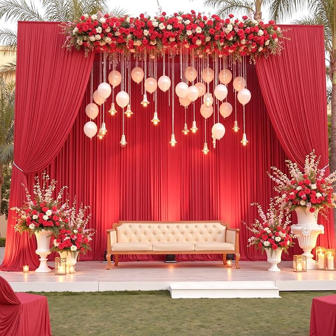 50×14ft Wrinkle Free Red Backdrop Curtain for Wedding Parties,10 Panels 5×14ft Height Soft Silky Polyester Backdrop Drapes Photo Back Ddrop Curtains for Events Photography Christmas Background Cloth