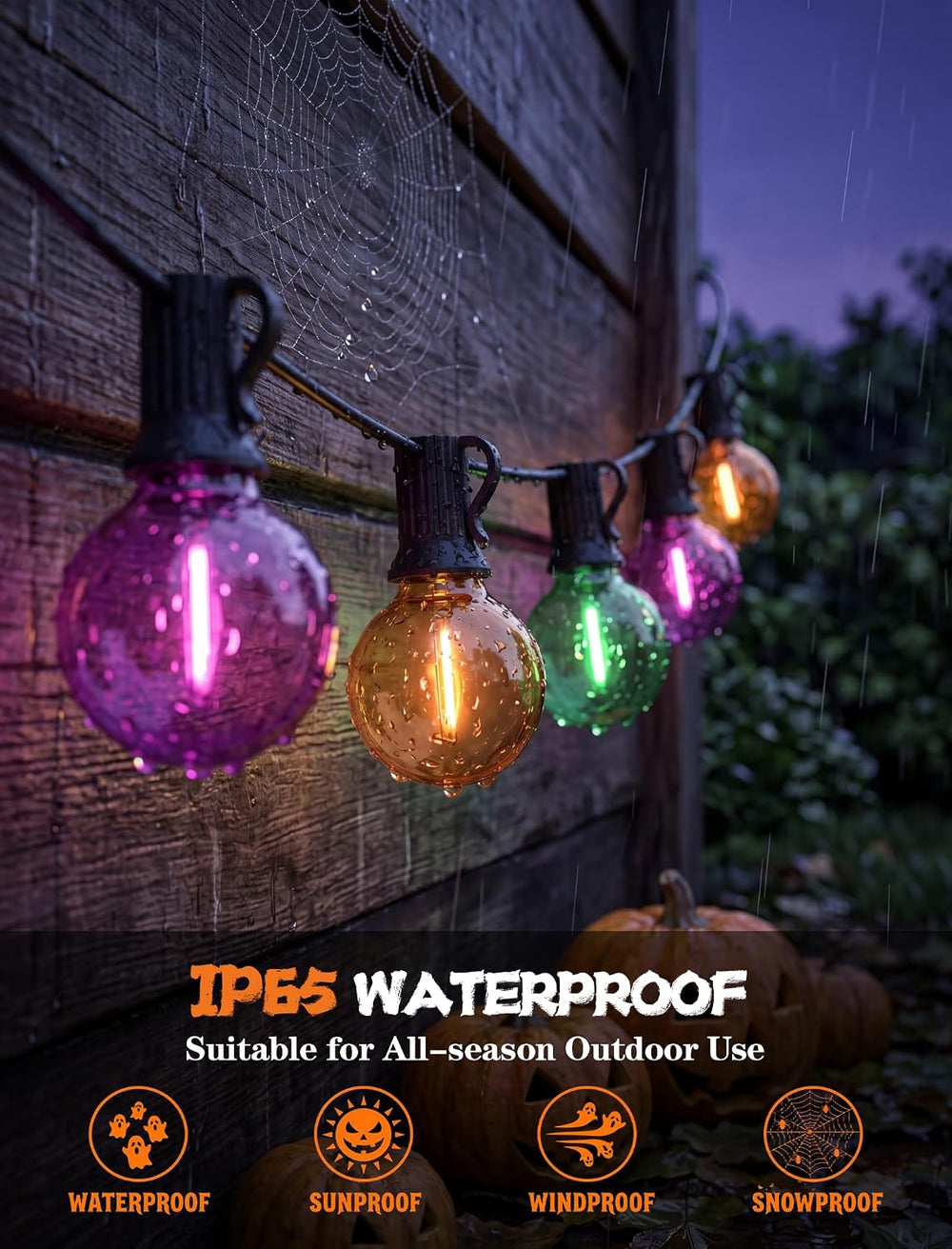 50FT Halloween String Lights with 25 G40 LED Orange Green Purple Bulbs