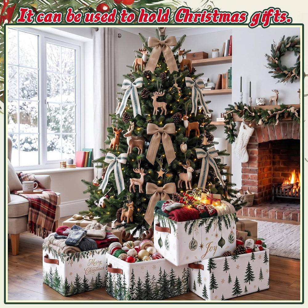 6 Pcs Christmas Tree Storage Bins with Handles, Green Pine Gift Baskets